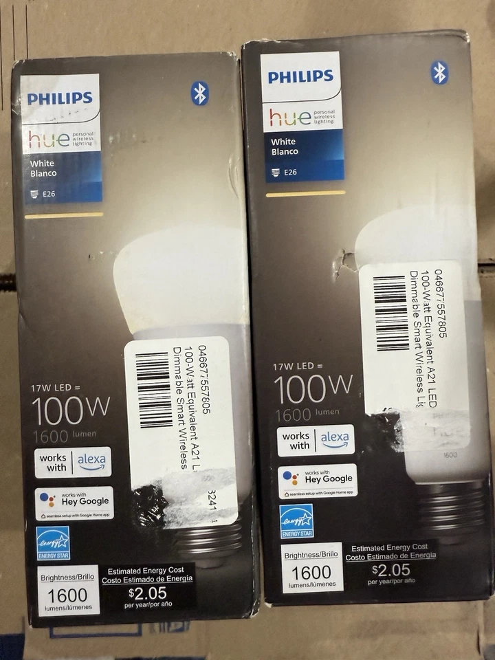 Philips Hue 100W A21 E26 Smart LED Light Bulb White 1600 Lumens Lot 2 PK NEW! - Image 1 of 1