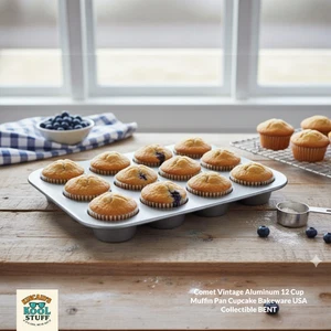Comet Vintage Aluminium 12 Tassen Muffinform Cupcake Backformen USA Sammlerstück GEBOGEN - Bild 1 von 6