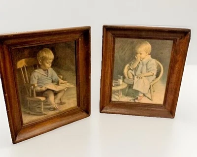 James Ingwersen Art Boy Girl Litografía Par 1970 Rústico Madera Enmarcado Juego 13x11 Foto 1 de 4