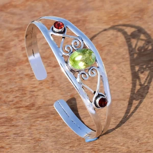 Faceted Peridot & Garnet Cut Gemstone 925 Sterling Silver Dressy Bangle Cuff - Picture 1 of 5