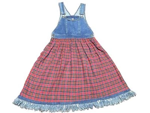 Vintage 90’s Denim & Plaid Girls Overall Dress Size Medium - Picture 1 of 9