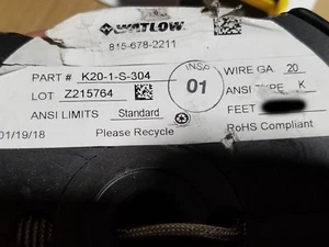 Watlow/Serv-Rite K20-1-S-304 20/2C Glass Braid Thermocouple Wire 538C /50ft - Picture 1 of 5