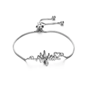 Adjustable Silver Heartbeat Pulse Wave Heart Friendship Fashion Jewelry Bracelet - Picture 1 of 1