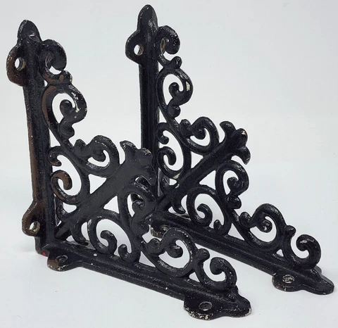 Vintage Metal Cast Iron Shelf Brackets Black 6" Pair 2 Brackets Cover
