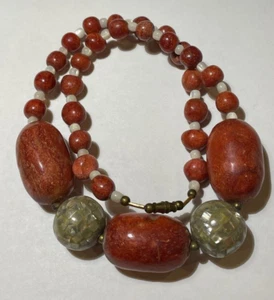 Vintage Chunky Red Sponge Coral MOP Mosaic Beads 17.5" Necklace DE4 - Picture 1 of 3