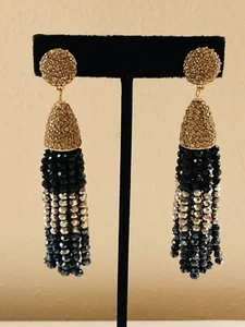 Orecchini pendenti lunghi firmati BAUBLEBAR tono oro cristallo nero argento frange perline - Foto 1 di 6