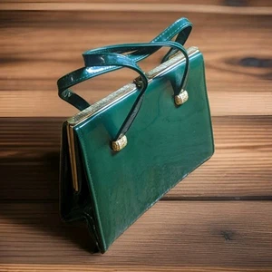 Borsa a mano vintage Julius Resnick verde smeraldo vernice telaio pelle chiusura 9x7x4 - Foto 1 di 15