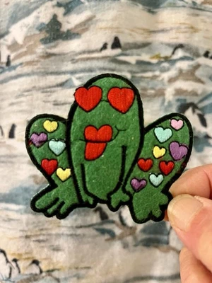 Prince Charming Iron On Patch Embroidered Frog Hearts Love Kiss - Image 1 of 2