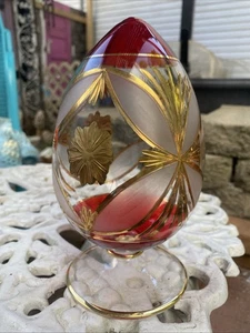 Vintage Clear/Frosted/Red/Gold Footed Glass Egg Floral Design Egyptian? 7.5” - Picture 1 of 9