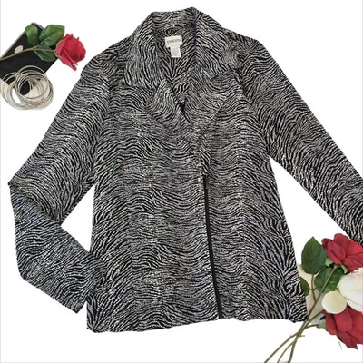 Chico's Black Silver Metallic Knit Moto Jacket Size 1 Women's 8 Small Evening - Image 1 of 4