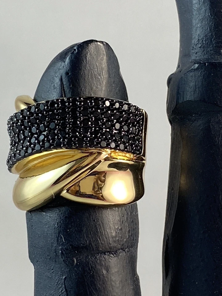 Anillo BELLEZZA Banda Giratoria Ancha Espinela Negra Oro Amarillo 14K ~ 7 Foto 1 de 4