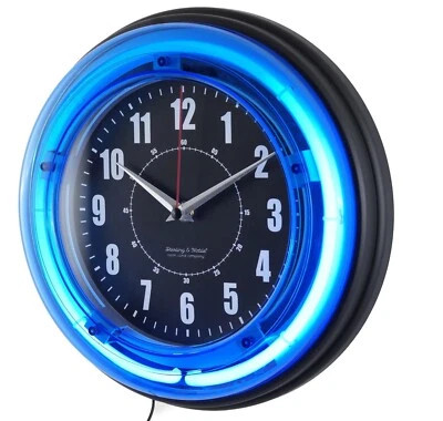 Sterling And Noble Electric Blue Neon Tube Light Up Wall Clock Bar Retro Decor - Image 1 of 4