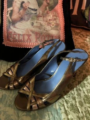 BISOU BISOU by MICHELE BOHBOT  Sassy Gold Peep Toe Leather Heels Size 7 M - Image 1 of 3