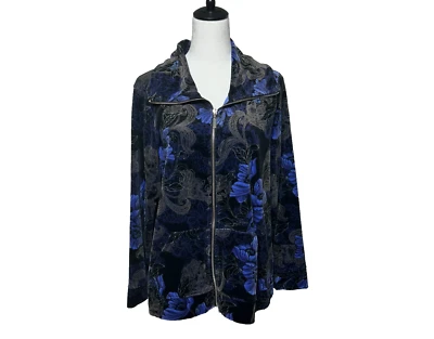 Karen Scott Velour Jacket Full Zip Womens XL Blue Black Floral Soft Long Sleeve - Image 1 of 4