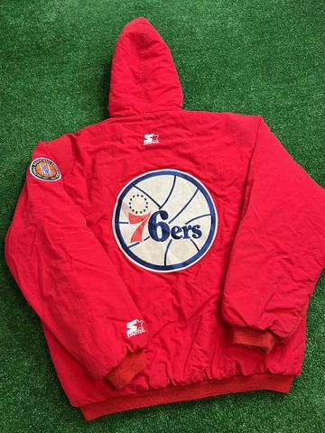 VTG 80s 90s Philadelphia 76ers Sixers Starter Zip Up Winter Jacket Coat Hooded Cover