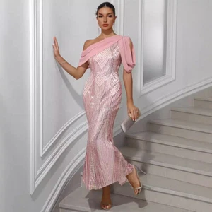 European And American Style Dress One-shoulder Chiffon Stitching Sequined Dress - Picture 1 of 5