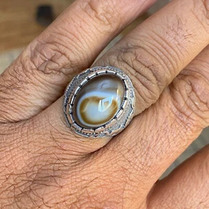 AAA dragon engraving 925 sterling Silver mens ring Natural yemen Agate Aqeeq - Picture 1 of 10