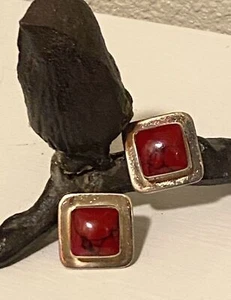 Gorgeous RED JASPER Genuine Gemstone TAXCO MEXICO Clip-On MCM Square Earrings - Picture 1 of 8