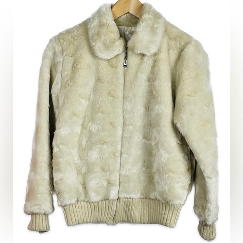 OFF WHITE Giacca vintage Y2K pelliccia sintetica bianco crema mob moglie anni 70 con maglia polsini e orlo marrone