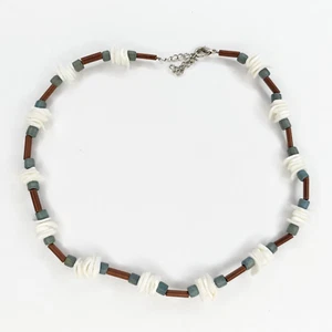 Vintage Puka Wood Shell Chip Necklace Bracelet Blue Brown Beach Hawaii Cruise - Picture 1 of 4