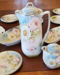 Antique Chocolate Set, Germany, Hand Painted W/Roses, Massive 34 Piece Set!  - Picture 1 of 12