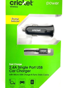 Cricket 2.4A Single Port USB Car Charger W USB Charge And Sync Data Cable New - Picture 1 of 3