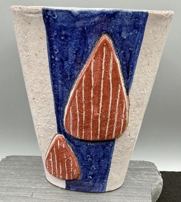 Mid Century Modern Terracotta Vase Glazed Red Blue Applied Decor Signed Read - Image 1 of 4