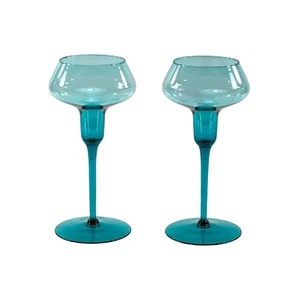 Mid-Century Turquoise Glass Taper Candle Holders Stemmed 8" Tall Teal Aqua Blue - Picture 1 of 7