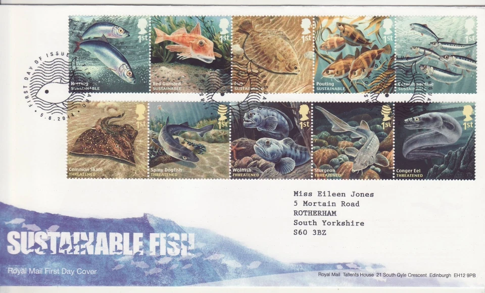 GB Stamps First Day Cover Sustainable Fish, ocean, eel, sardine, skate SHS 2014 - Image 1 of 1