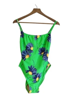 Vtg 90s LeBlanca 14 Green Neon Daisy One Piece Swimsuit High Cut Vintage Retro - Image 1 of 4