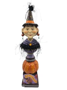 Vintage CJF Halloween Witch Pumpkin Pedestal Statue Figure 14" Folk Art Decor - Picture 1 of 11