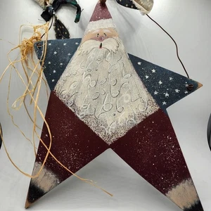 Santa Star Shaped Sign Rustic Handpainted 10.5" Patriotic Hanging - Picture 1 of 10