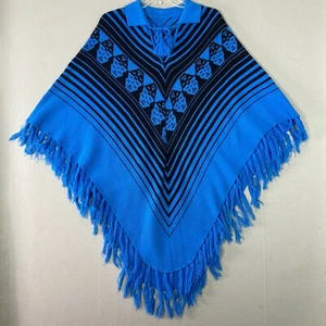 Vintage Sweater Poncho Shawl Collar One Size Blue Black Aztec Print Fringe Boho - Picture 1 of 8