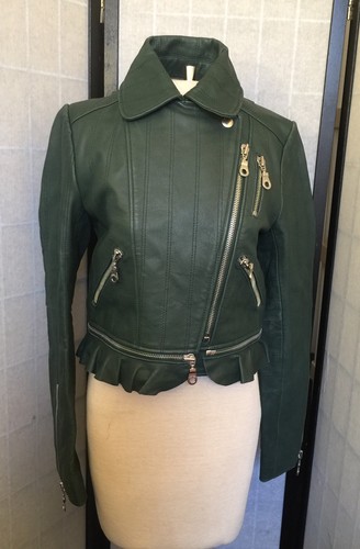 Vintage KENZO donna moto GIACCA PELLE VERDE zip fondo volant taglia 36