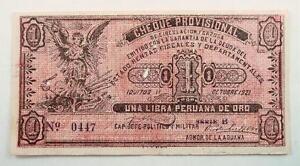 Peru 1921 Cervaneros - Iquitos Cheque Provisional One / 1 Libra Note