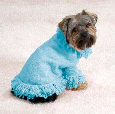 Medium East Side Collection Stretch Knit Dog Sweater with Fringe in Air Blue - Image 1 of 3