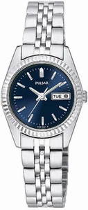 Pulsar PN8001 elegante silberfarbene Damenuhr mit Band Tag/Datum blaues Zifferblatt - Bild 1 von 2