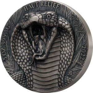 King Kobra Big Five Asia 5 oz Antique finish Silver Coin CFA Ivory Coast 2022 - Picture 1 of 3