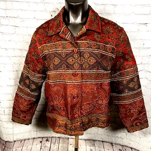 Coldwater Creek Size Medium Burgundy Tapestry Button Front Blazer Jacket - Picture 1 of 6