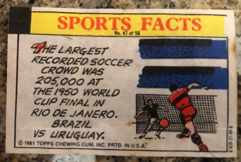 BRAZIL vs URAGUAY 1981 TOPPS THIRST BREAK GUM WRAPPER #47 Largest Soccer Crowd - Image 1 of 1
