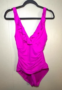 La Blanca Women's Ruffled V-Neck One Piece Swimsuit Size 10 Ruched Tummy Area - Picture 1 of 10