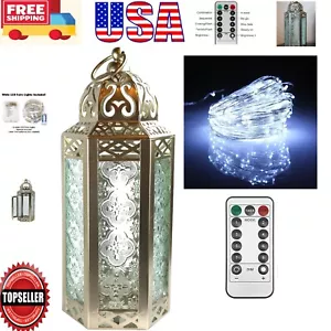 Medium Moroccan Metal Lantern with Remote Control LED Fairy Lights - White Gold - Picture 1 of 7