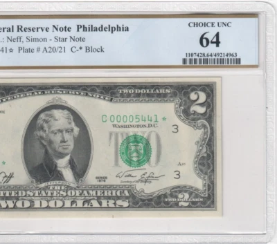 1976 $2 Two Dollar Star Philadelphia C00005441* Low Serial Number PCGS Graded 64 - Image 1 of 3