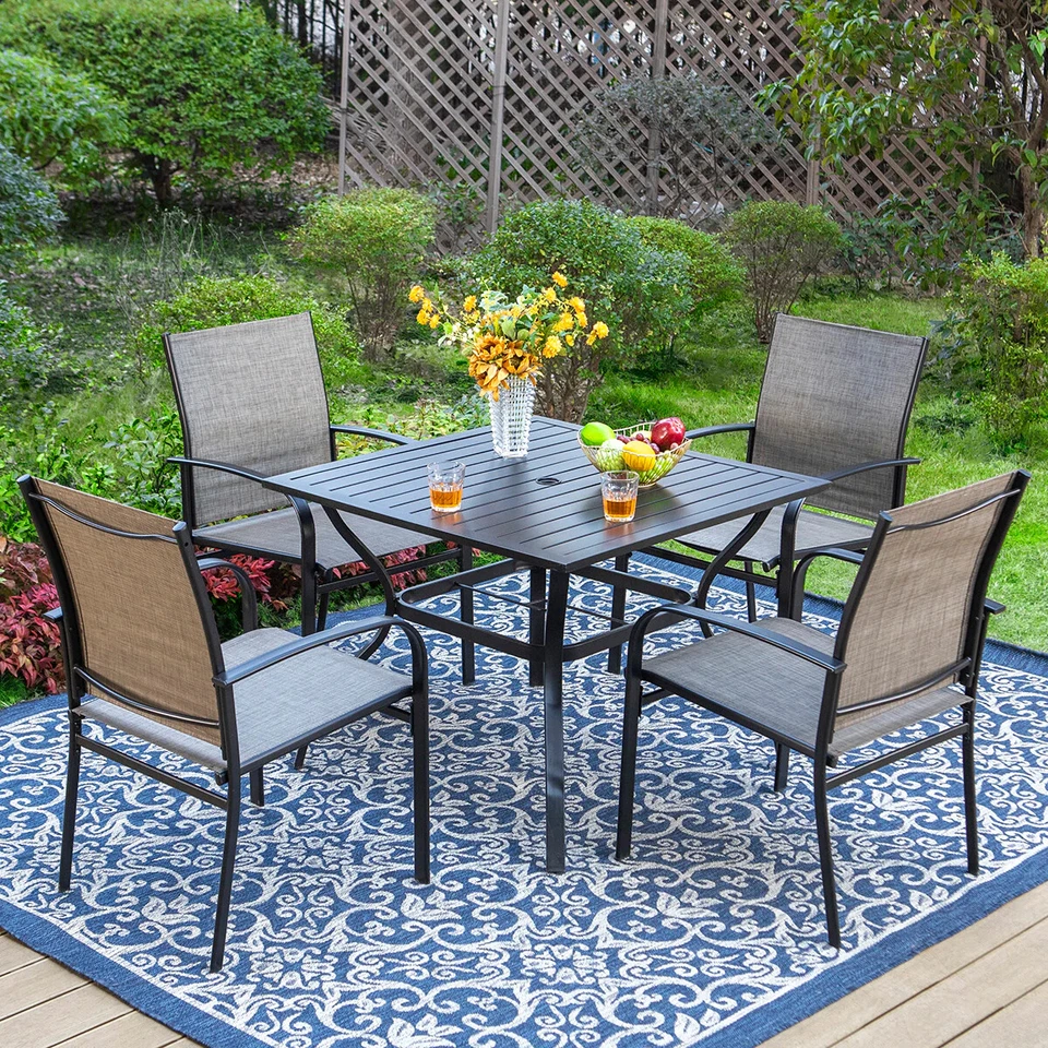 PHI VILLA 5 Piece Patio Dining Set with Umbrella Hole Outdoor Table and Chairs for Garden