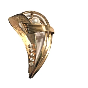 Signed Wells 14K GF Pin Gold Filled Faux Pearl Abstract Design Brooch J0543 - Picture 1 of 6