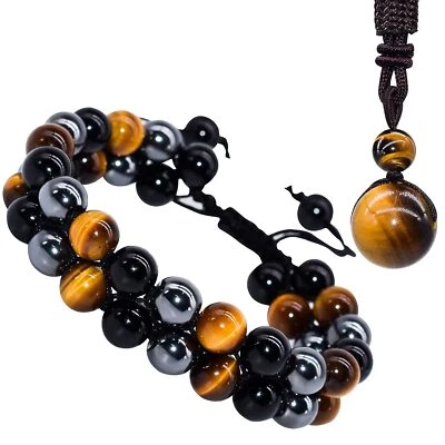 Triple Protection Bracelets Tiger Eye Hematite Black Obsidian Healing Bracelets - Image 1 of 4
