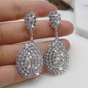 Women's Rhinestone Waterdrop Dangle Stud Earrings Wedding Party Jewelry Utility - Picture 1 of 8