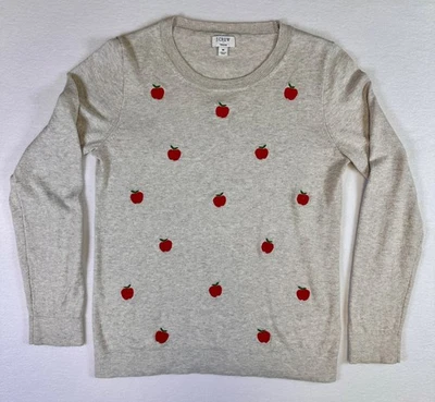 J.Crew Teddie Embroidered Apples Grey Soft Sweater Pullover 100% Cotton M - Imagem 1 de 4
