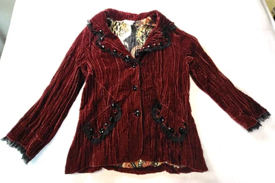 Chaqueta Blazer Alberto Makali Terciopelo Triturado Borgoña Vino Forrada con Cuentas Talla L Foto 1 de 4