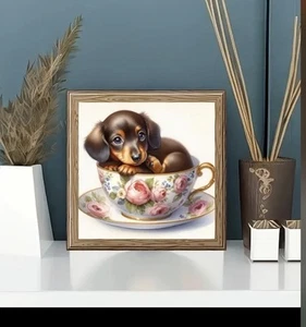 Diamond Art PUP IN A CUP Small Canvas Full Drill 7.9 X 7.9 Easy, Cute, Quick - Picture 1 of 5